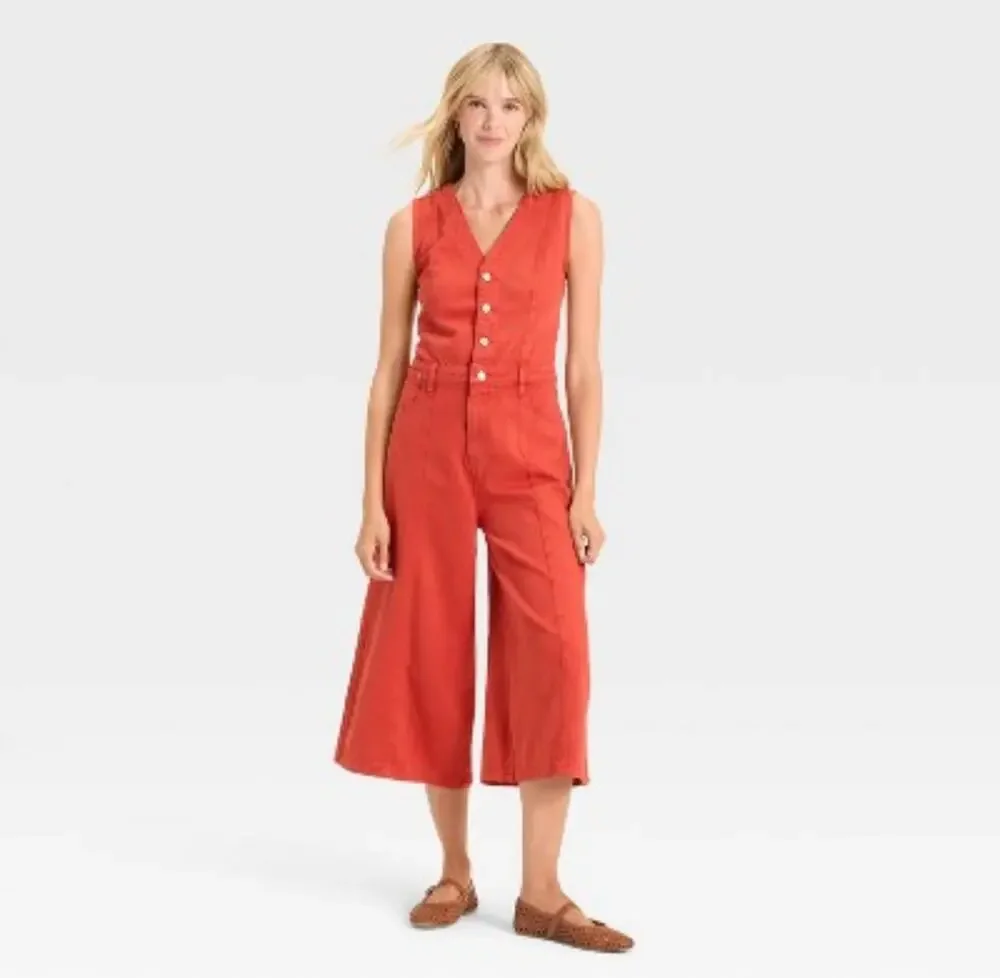 Universal Thread Red Cropped Sleeveless Wide Leg Denim Jumpsuit Size 14